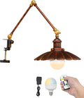 Kiven Battery Operated Clip-on Desk Lamp, 1-Light Dimmable Nightstand Lamp with Flexible Arm,Remote Control, Vintage Decorative Clamp Lamps for Office Bedside Bookshelf,Rusty Red Finish
