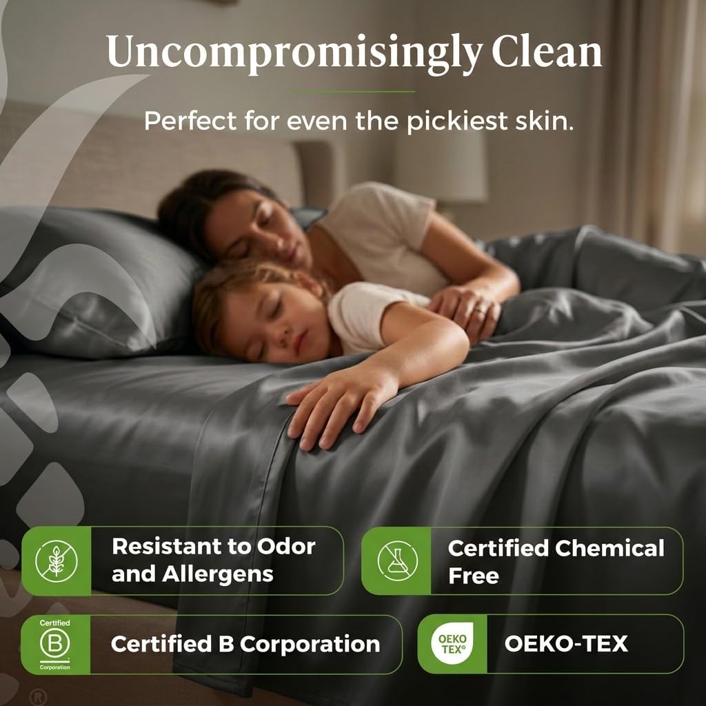 Cariloha Resort 100% Organic Bamboo Viscose Sheets - 5-Piece Split King Sheet Set - 18 in Extra Deep Pockets - Sateen Weave, Cooling, Hypoallergenic Luxury Sheets - Oeko-TEX Standard 100 - Onyx