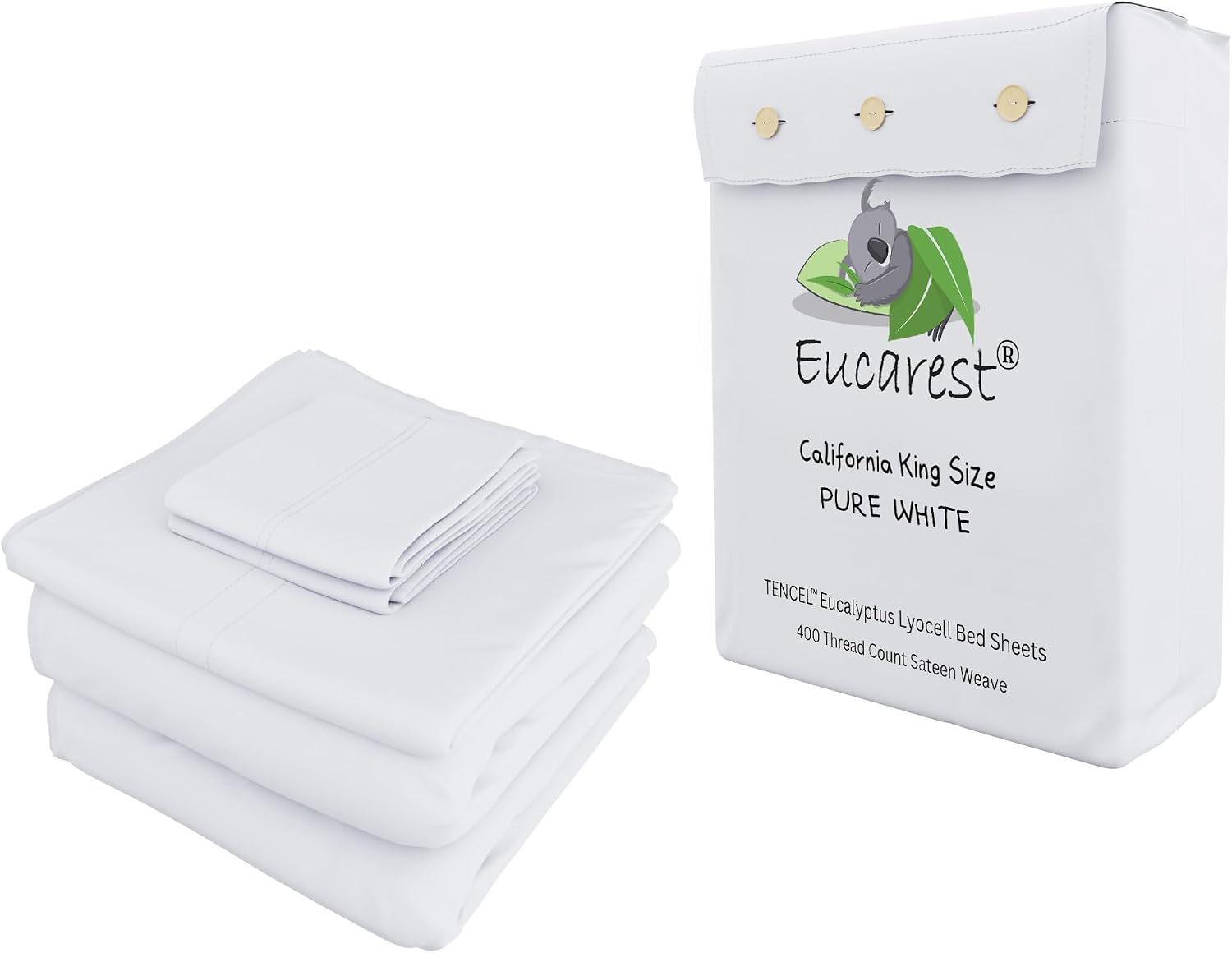 100% Eucalyptus Tencel Bed Sheets | California King | Organic | Ultra Soft | Cooling for Hot Sleepers | Hypoallergenic | Thermal Regulating | Deep Pocket | Fits 18' Mattress - White