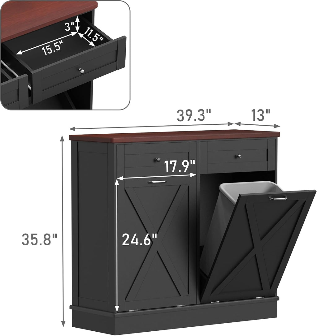 TOLEAD Double Tilt Out Trash Cabinet Free Standing 10 Gallon Recycling Trash Can Cabinet with Barn Door for Farmhouse Kitchen,Living Room, Dining Room, Black
