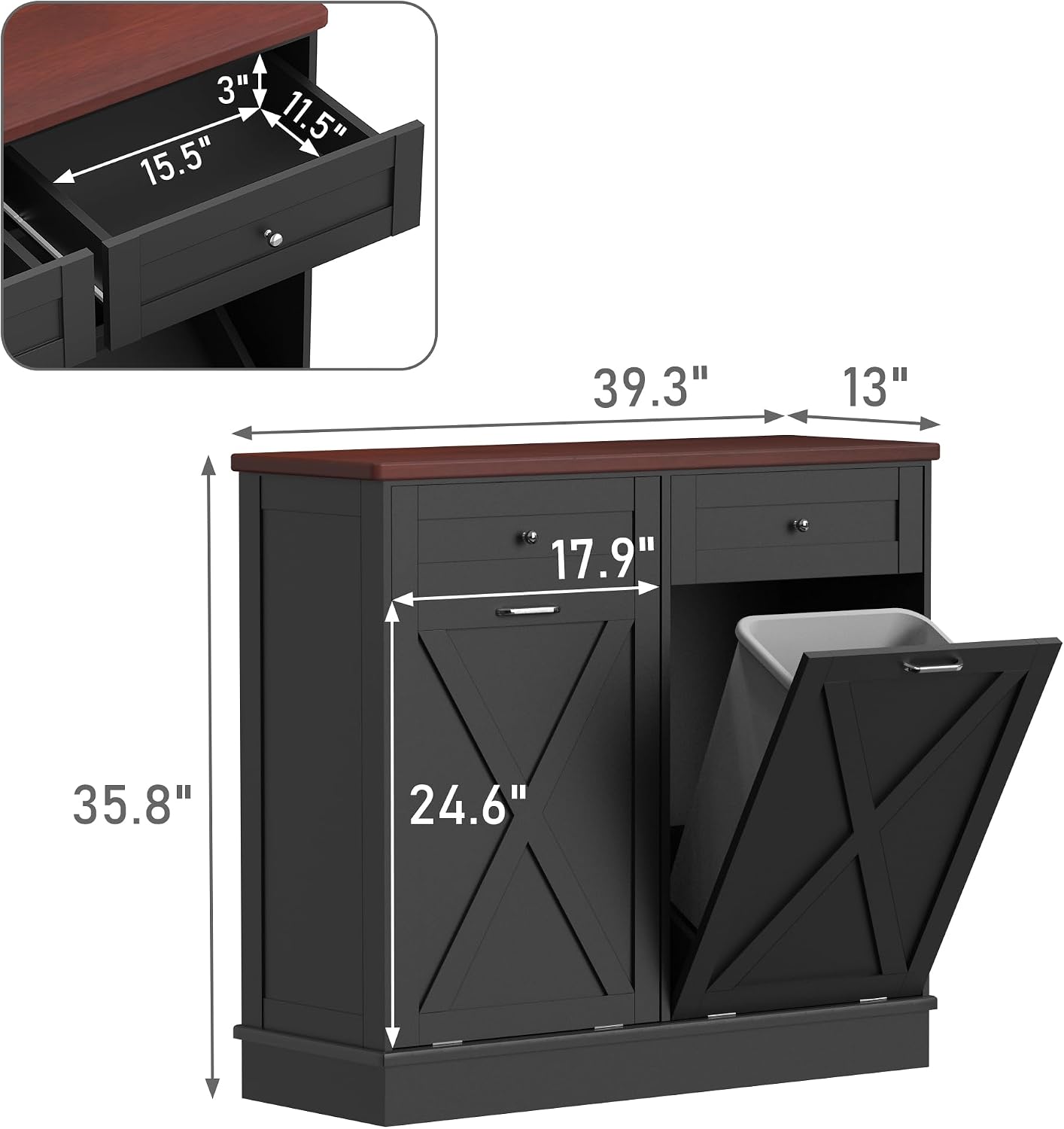 TOLEAD Double Tilt Out Trash Cabinet Free Standing 10 Gallon Recycling Trash Can Cabinet with Barn Door for Farmhouse Kitchen,Living Room, Dining Room, Black
