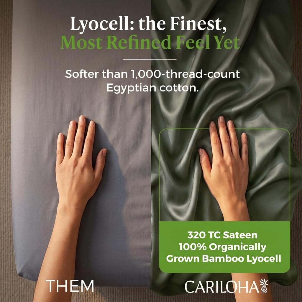 Cariloha Retreat 4-Piece Sateen Sheet Set | Oasis Green | Queen | Lyocell Material | Breathable, Corner Straps, Extra Soft & Cooling