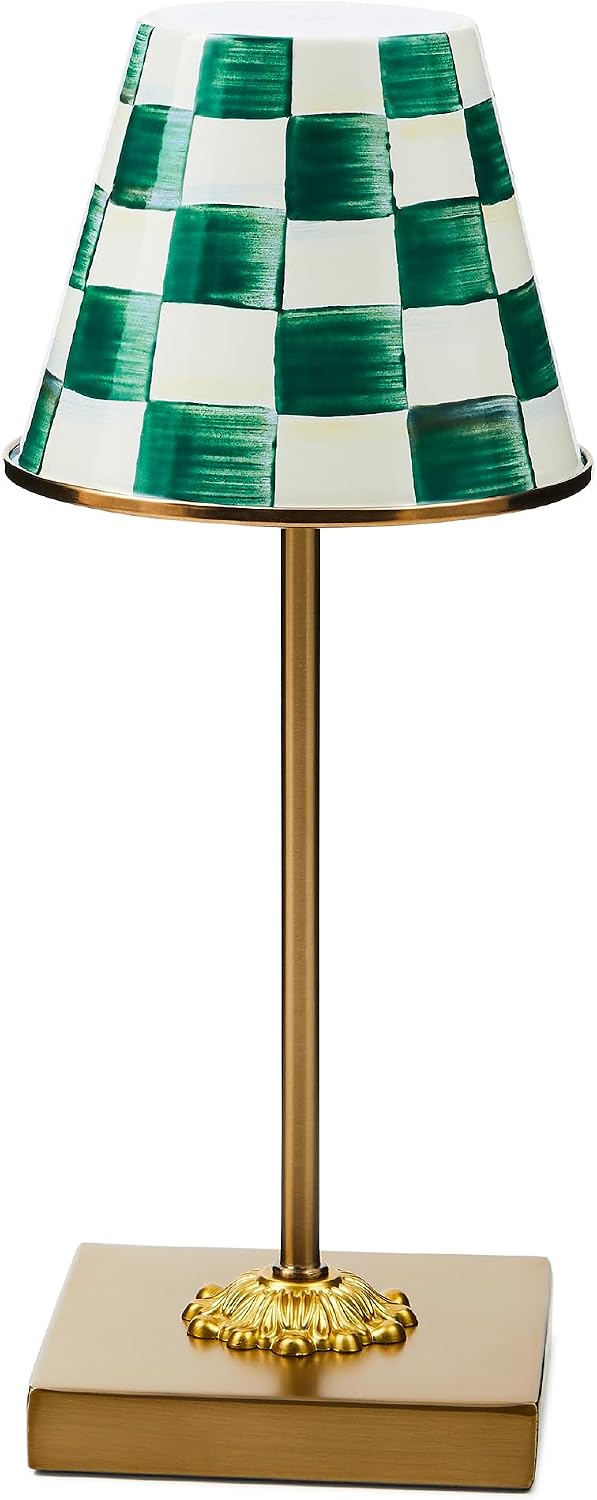 MACKENZIE-CHILDS LED Rechargeable Cafe Table Lamp, Cordless Decorative Lamp, Green-and-White Emerald Check