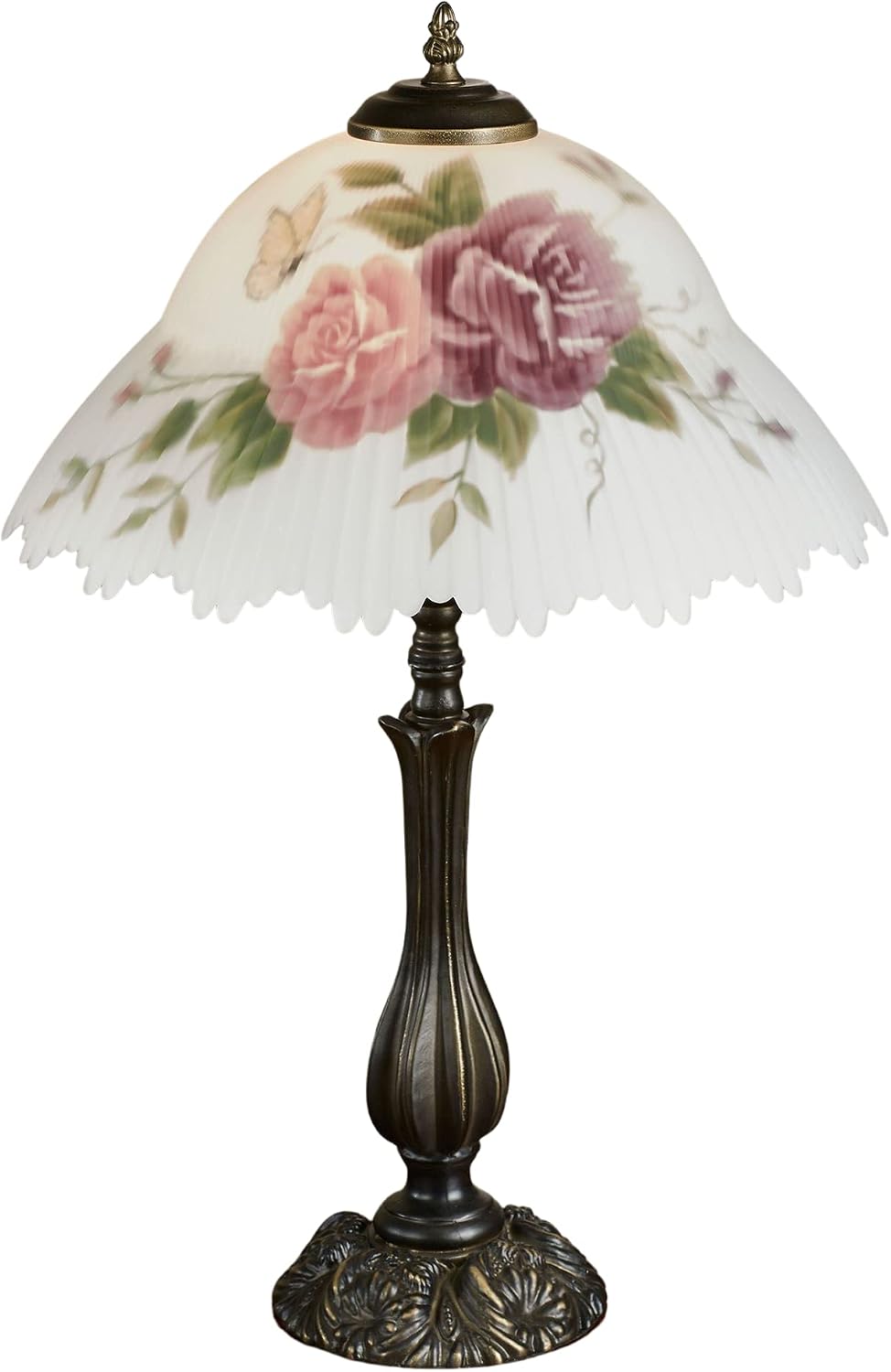 Touch of Class Brinley Floral Table Lamp - Bronze - Old Fashioned Desk Lamp for Bedroom, Living Room, Office - Painted by Hand Ruffled Glass Lampshade - Victorian Style Aesthetic