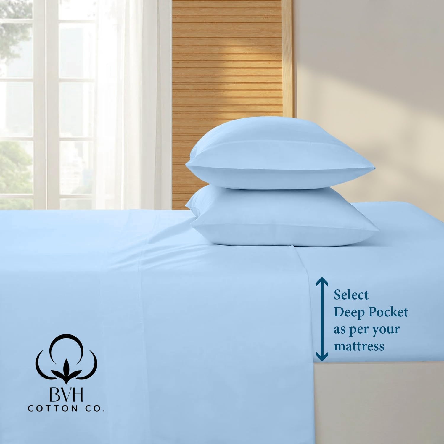 Egyptian Cotton Queen Size Sheet Set, 4Pc Bed Set, Soft & Breathable Percale Weave, Fits 10-12' Deep Pocket, Hotel-Quality 1000 Series Bed Sheets (Solid, Light Blue)
