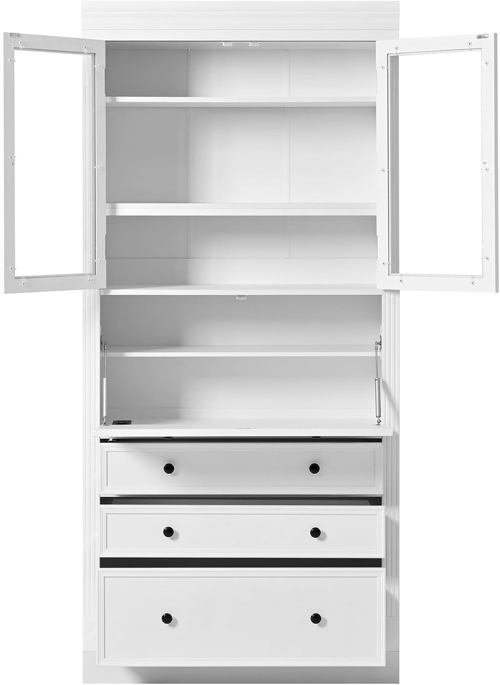 78 inch Tall Kitchen Pantry Cabinet with 3 Drawers and Adjustable Shelves, Wood Storage Cabinet with Drop-Down Surface and Glass Doors for Dining Room and Living Room (White//3)