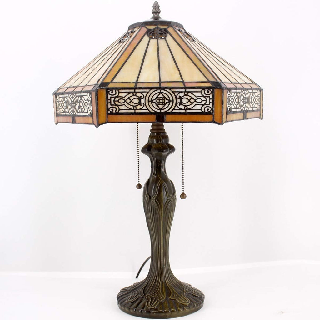 WERFACTORY Tiffany Table Lamp Yellow Hexagon Stained Glass Bedside Lamp Mission 16X16X24 Inches Desk Reading Light Metal Base Decor Bedroom Living Room Home Office S011 Series