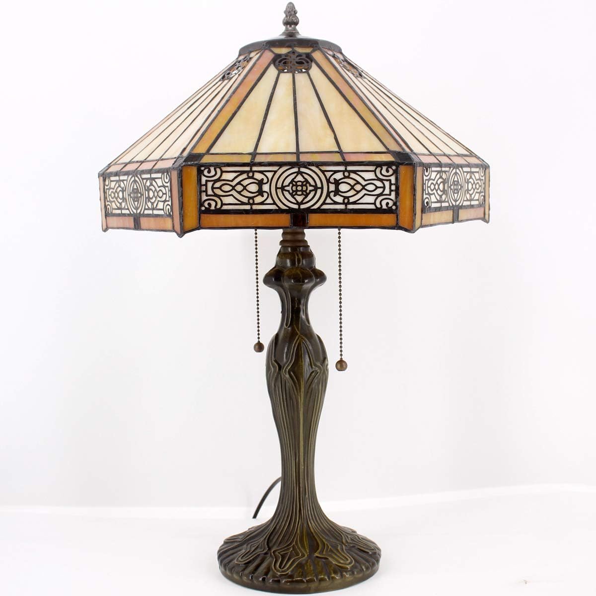WERFACTORY Tiffany Table Lamp Yellow Hexagon Stained Glass Bedside Lamp Mission 16X16X24 Inches Desk Reading Light Metal Base Decor Bedroom Living Room Home Office S011 Series