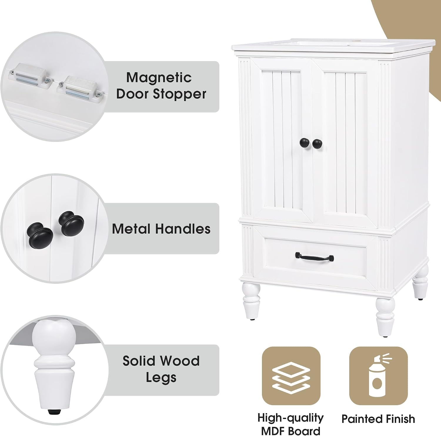 Linique 20' Bathroom Vanity with Ceramic Sink, Bathroom Cabinet with Two Doors,Magnetic Door Stopper and Adiustable Foot Pads,One Drawer,White