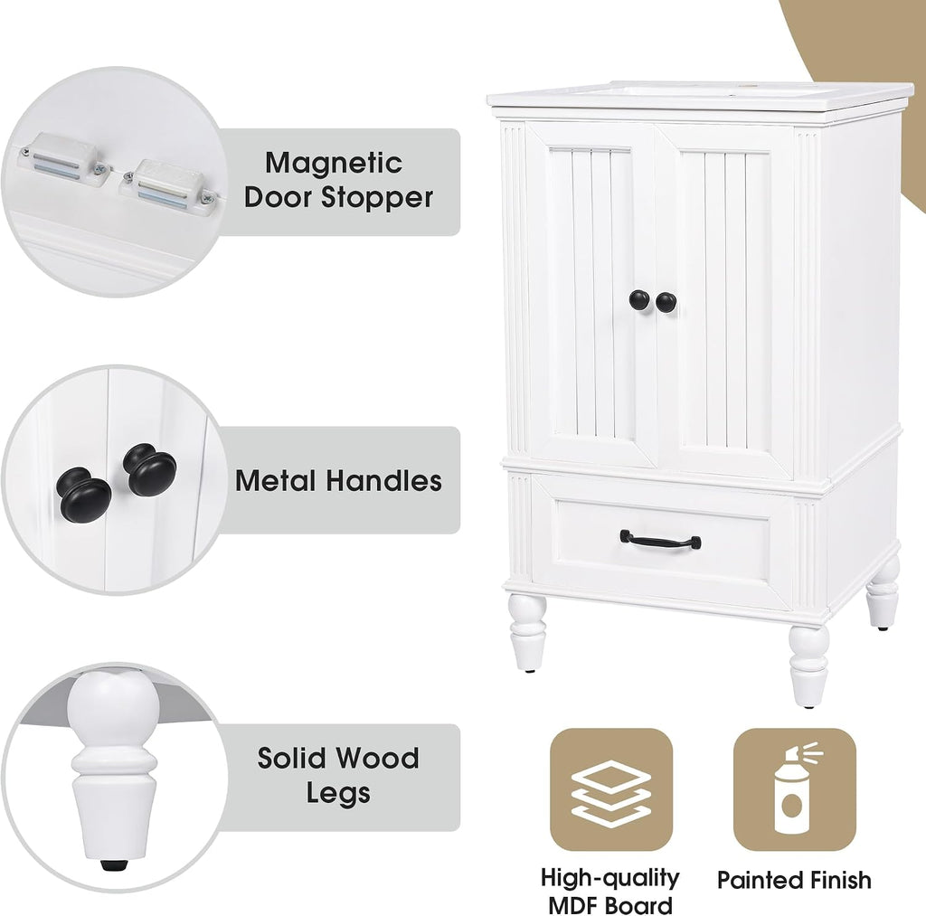 Flieks 20' Bathroom Vanity with Sink, Bathroom Cabinet with Two Doors, Magnetic Door Stopper and Adiustable Foot Pads, A Drawer, White