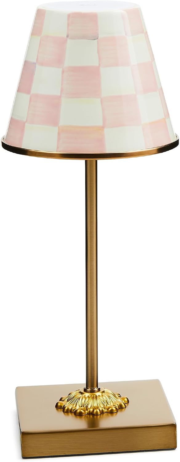 MACKENZIE-CHILDS LED Rechargeable Cafe Table Lamp, Cordless Decorative Lamp, Pink-and-White Rosy Check