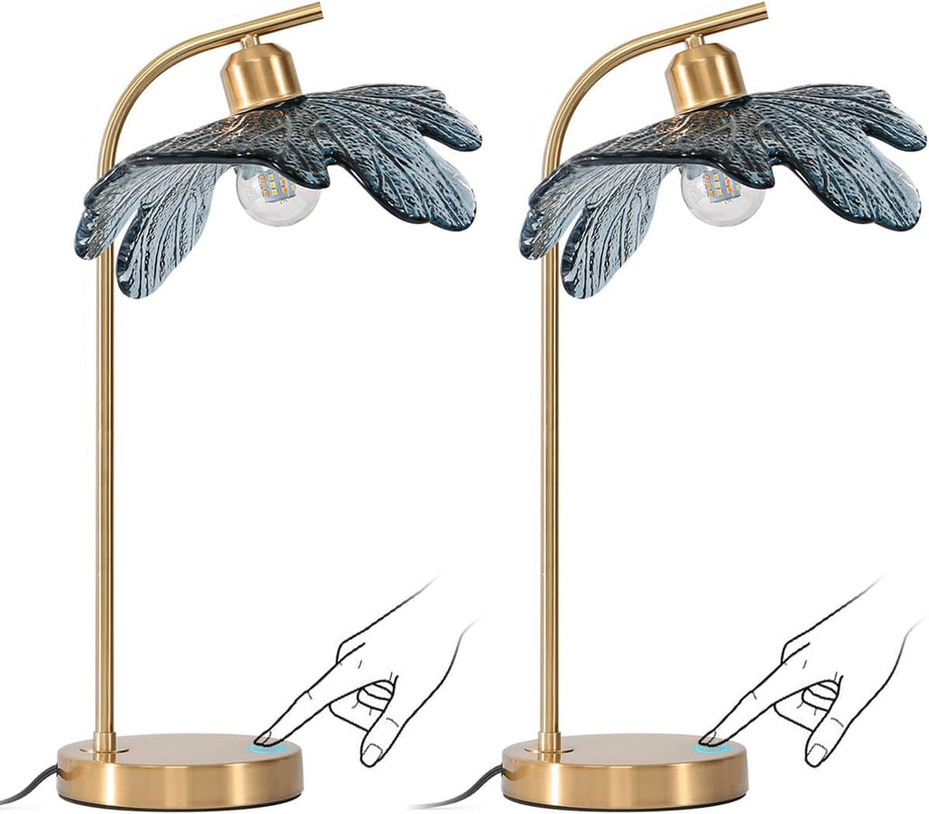 Gold Table lamp set of 2, Touch Table lamp with Blue Glass Flower Shade Mid Century Modern Lamps Bedside nightstand lamp Side Table Lamps Small Table lamp for Bedroom Living Room Office Farmhouse