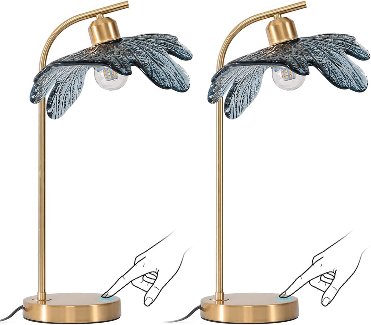 Gold Table lamp set of 2, Touch Table lamp with Blue Glass Flower Shade Mid Century Modern Lamps Bedside nightstand lamp Side Table Lamps Small Table lamp for Bedroom Living Room Office Farmhouse