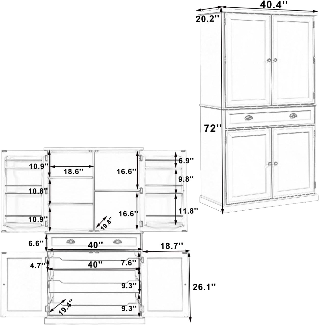 Freestanding 4 Doors Kitchen Pantry, Wood Kitchen Cupboard Storage Cabinet with 6 Door Shelves, Drawer and 3 Pull-Out Trays for Dining Room (White-4.14)