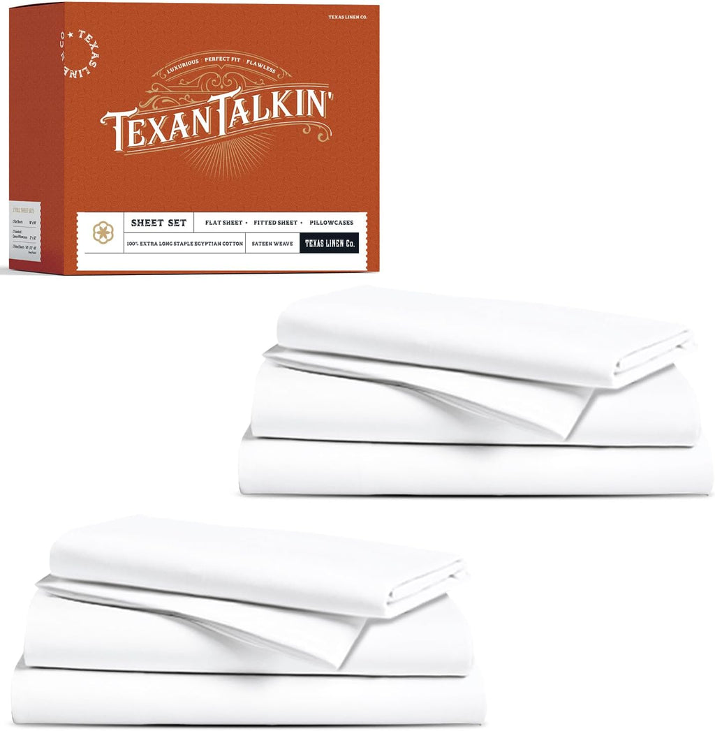 TEXAS LINEN CO. 100% Egyptian Cotton Twin Size Sheets Pack of 2 - Luxury Texan Talkin' Collection 600 Series Egyptian Cotton Sheets Twin Size (6 PC, White), 16' Deep Pocket College Dorm Bed Sheet Set