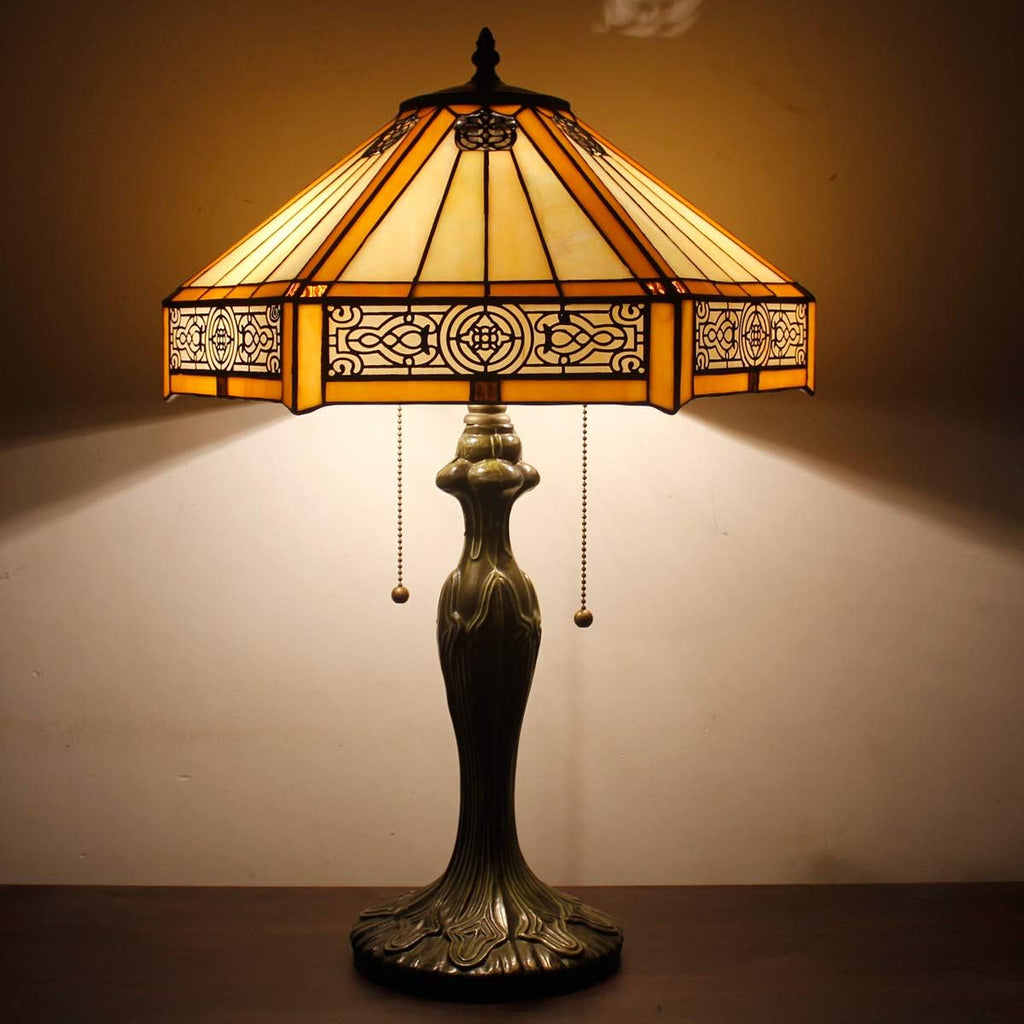 WERFACTORY Tiffany Table Lamp Yellow Hexagon Stained Glass Bedside Lamp Mission 16X16X24 Inches Desk Reading Light Metal Base Decor Bedroom Living Room Home Office S011 Series