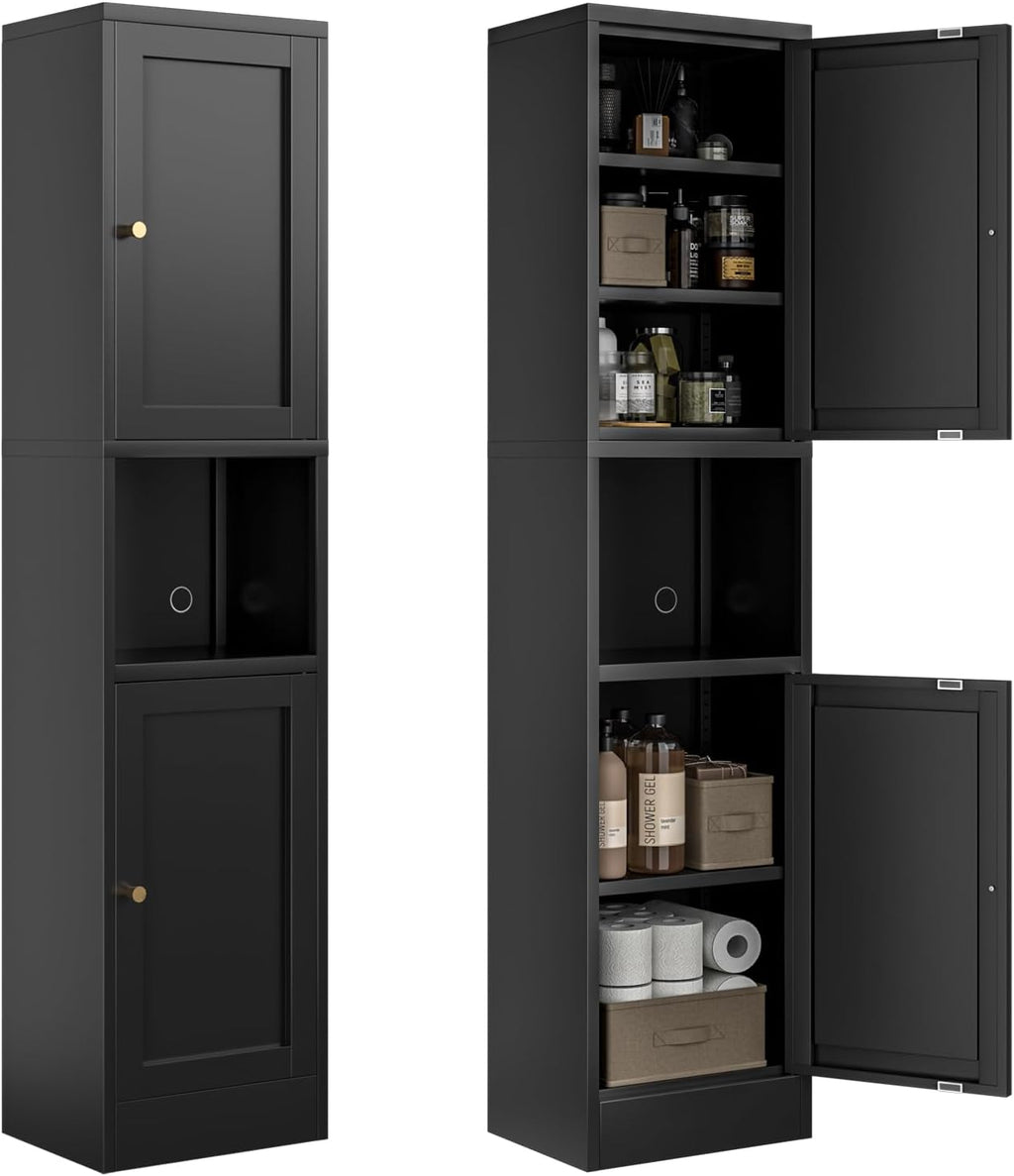 Bevivog Metal Bathroom Storage Cabinet Freestanding, 67' Tall Narrow Pantry Cabinet with Shelves for Kitchen, Skinny Metal Pantry with Hutch, 16' Wide Slim Cabinet for Small Spaces