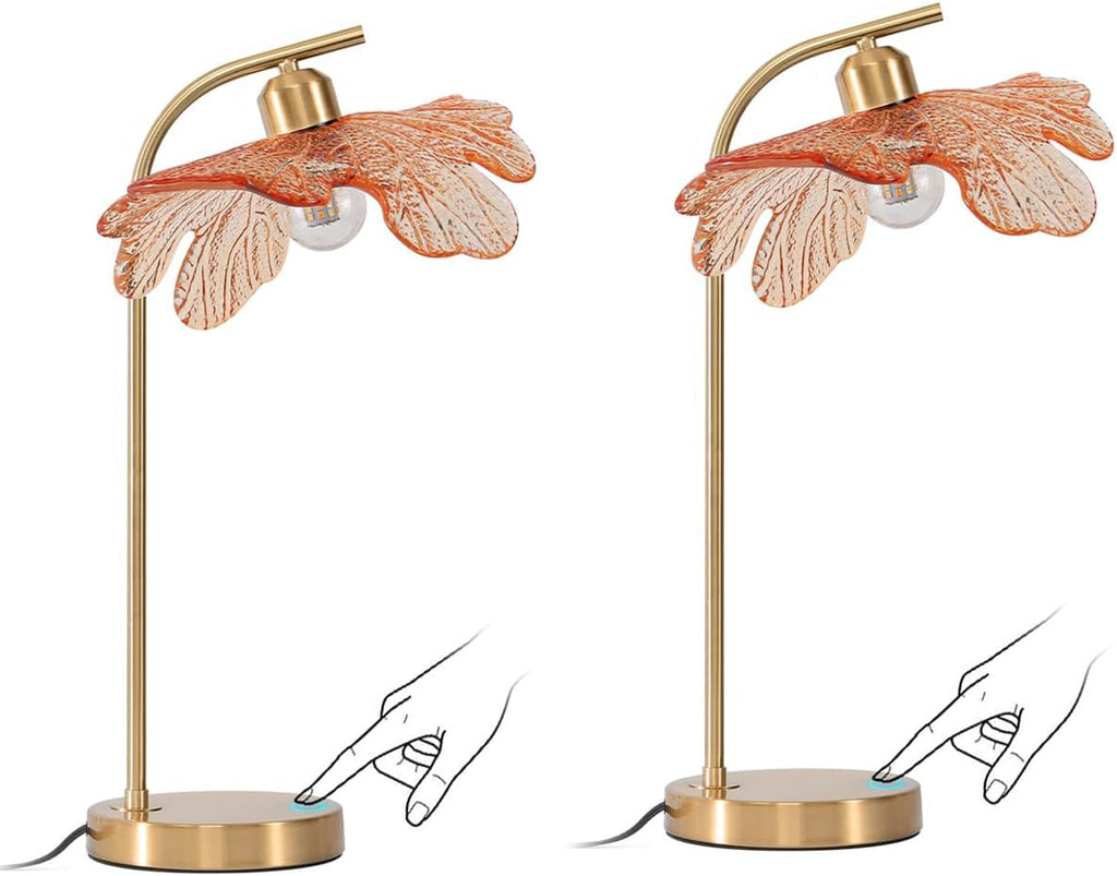 Mid Century Modern Table Lamps 2-Pack with Touch Switch, 18.9-inch Tall Gold Nightstand Lamps Amber Glass Bedside Lamps for Living Room Bedroom Office