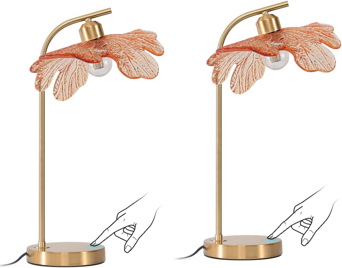 Mid Century Modern Table Lamps 2-Pack with Touch Switch, 18.9-inch Tall Gold Nightstand Lamps Amber Glass Bedside Lamps for Living Room Bedroom Office