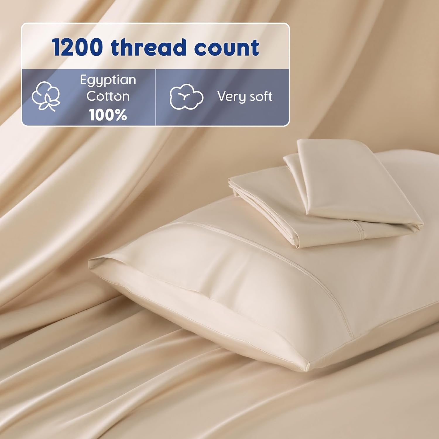SONORO KATE 100% Egyptian Cotton Sheets - 1200 Thread Count, Luxury & Cooling Hotel Cotton Bed Sheets Set 4 Piece, Sateen Weave for Soft Feel, Fits Upto 16' Mattress (Beige, King)