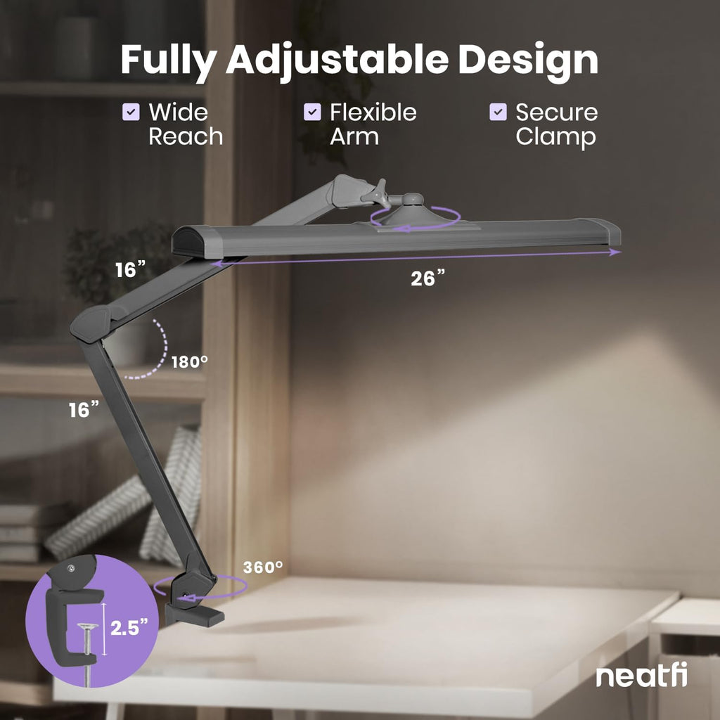 Neatfi 3,500 Lumens LED Desk Lamp – 45W Dimmable Task Light | Adjustable Color Temperature | 3 Light Modes | 540 SMD LEDs | Reading, Craft, Workbench & Office (Silver-2, 26-Inch Wide Shade)