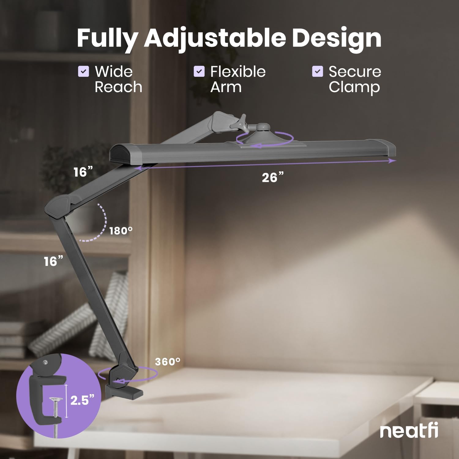 Neatfi 3,500 Lumens LED Desk Lamp – 45W Dimmable Task Light | Adjustable Color Temperature | 3 Light Modes | 540 SMD LEDs | Reading, Craft, Workbench & Office (Silver-2, 26-Inch Wide Shade)