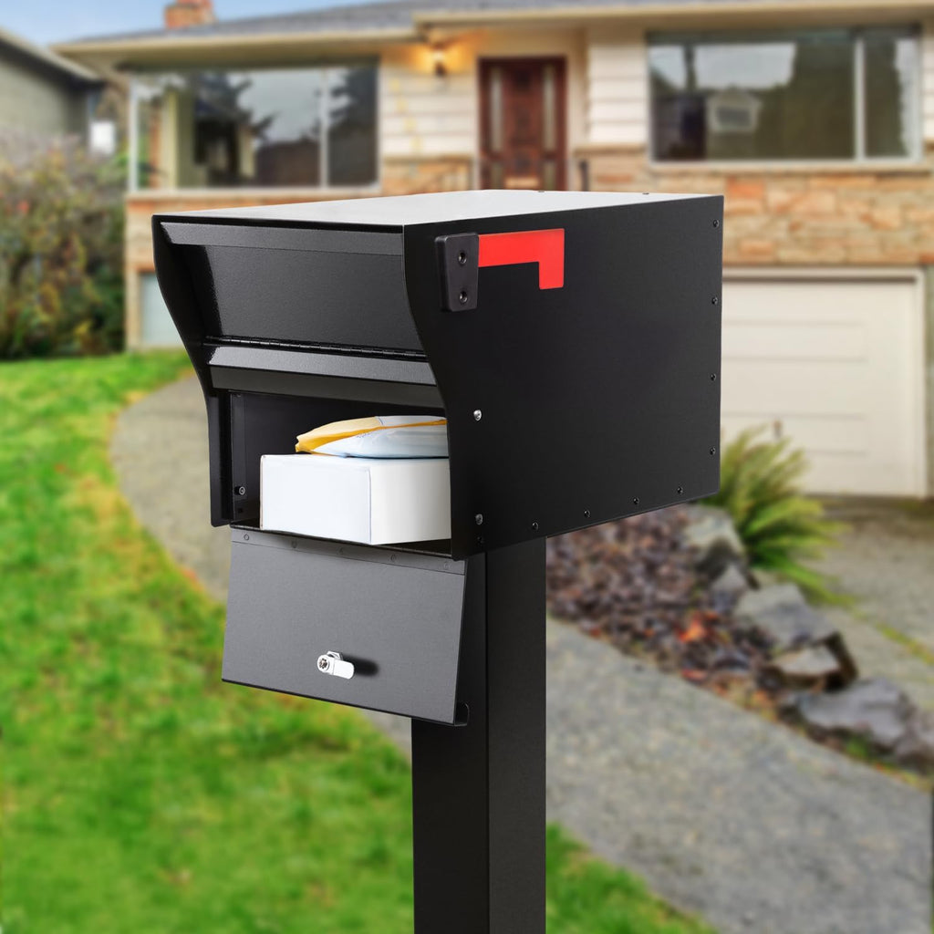 Whitehall MailVault Streetside Locking Mailbox with Post Package – Steel, Secure Weather Resistant Modern Square Mailbox (Black)