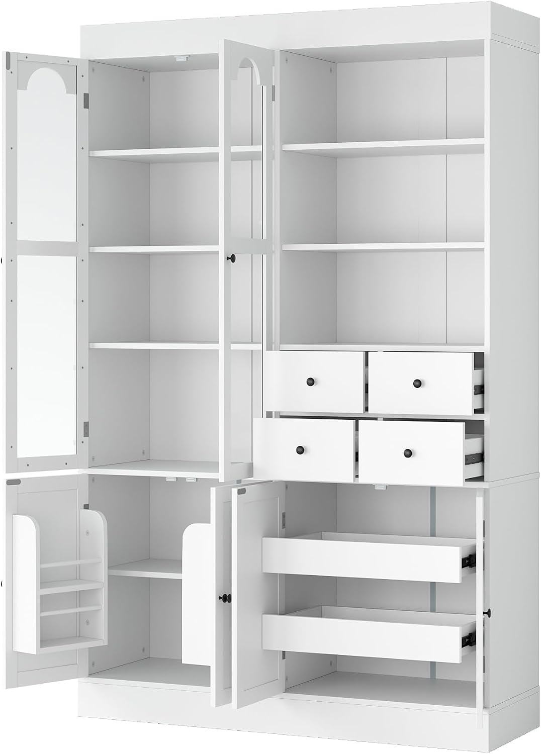 Modern 75inch Tall Kitchen Pantry Storage Cabinet with 4 Drawers, Freestanding Buffet Cabinet with Door Shelves and Pull-Out Trays for Dining Room, Living Room (White/32r)