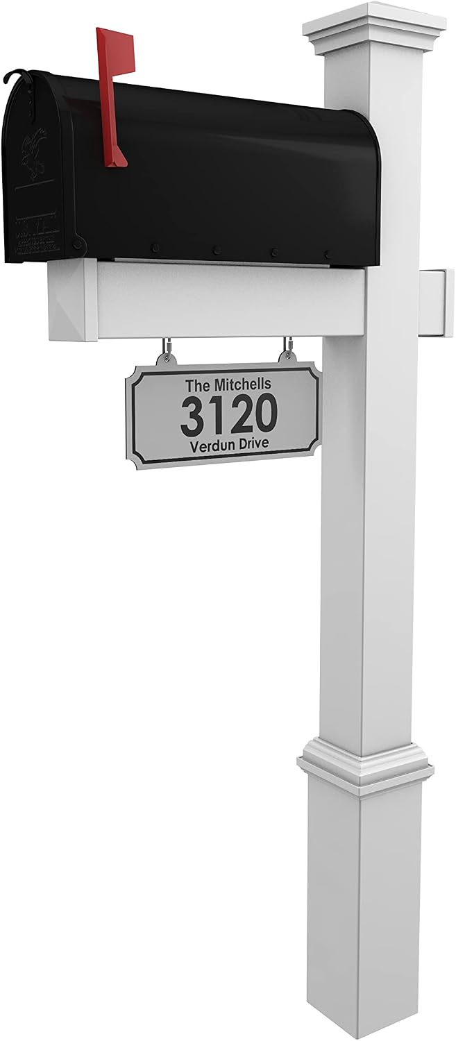 4Ever Products Vinyl Mailbox Post System - Includes Black Steel Mailbox and Custom Address Plate (White)