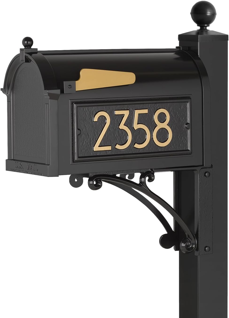 Whitehall Custom Extra Large Mailbox, Capitol Model with Modern Style Address Plaques and Post Package, Sand Cast Aluminum, Black Personalized in Goldtone