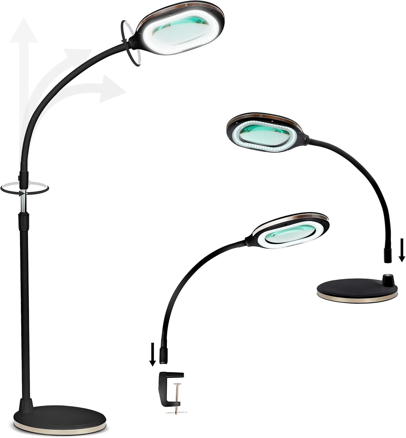Brightech LightView Pro Magnifying LED Desk Lamp with Flexibility & Durability, 3 in 1 LED Glass Magnifier, Work Light for Hobbies & Reading - Black