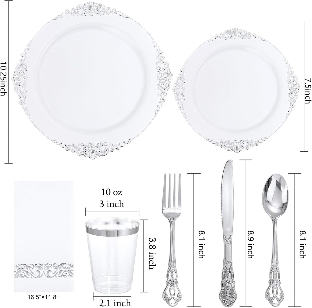 YOUBET 700PCS Silver Plastic Plates - White and Silver Disposable Plates - Silvery Plastic Dinnerware Set - Include 200 Plates, 300 Heavy Duty Silverware, 100 Cups and 100 Napkins for Wedding & Party