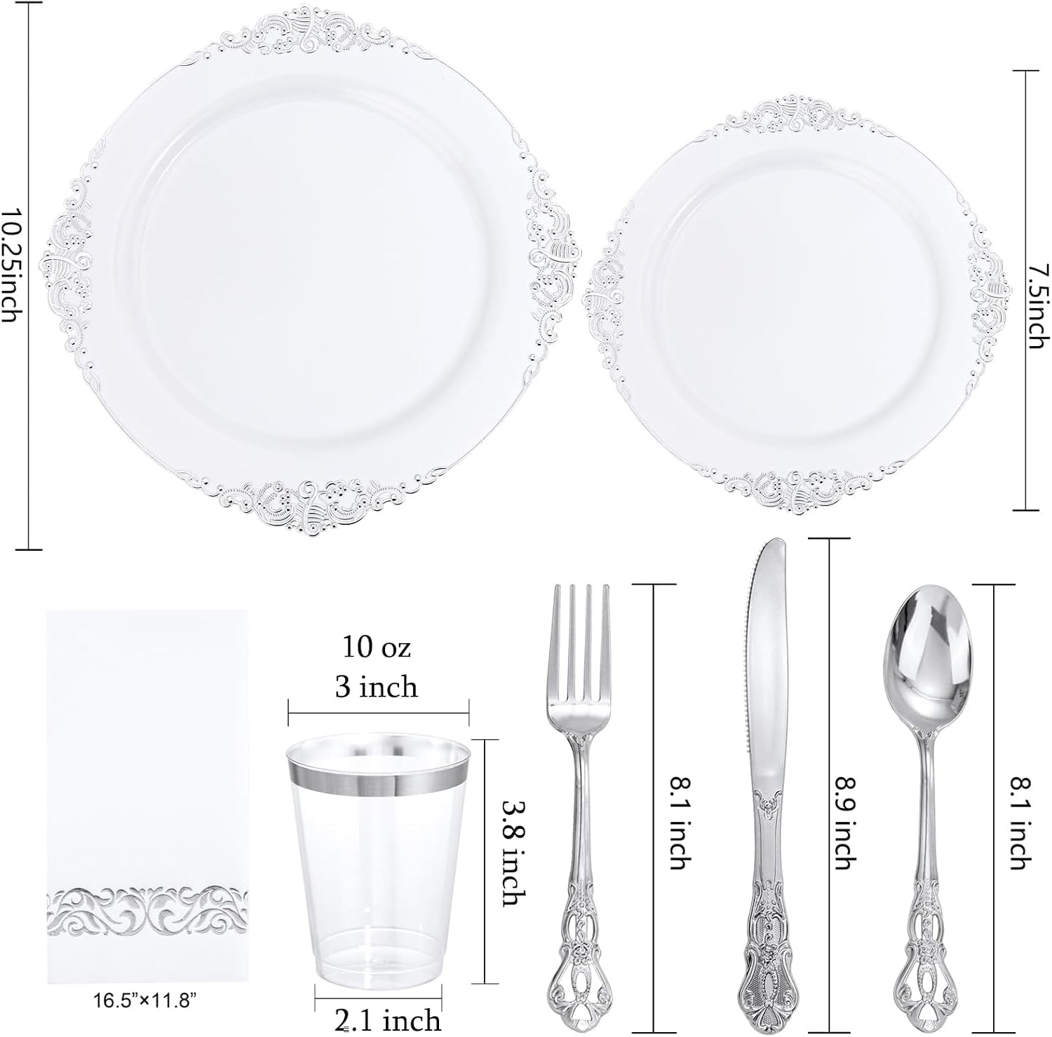 YOUBET 700PCS Silver Plastic Plates - White and Silver Disposable Plates - Silvery Plastic Dinnerware Set - Include 200 Plates, 300 Heavy Duty Silverware, 100 Cups and 100 Napkins for Wedding & Party