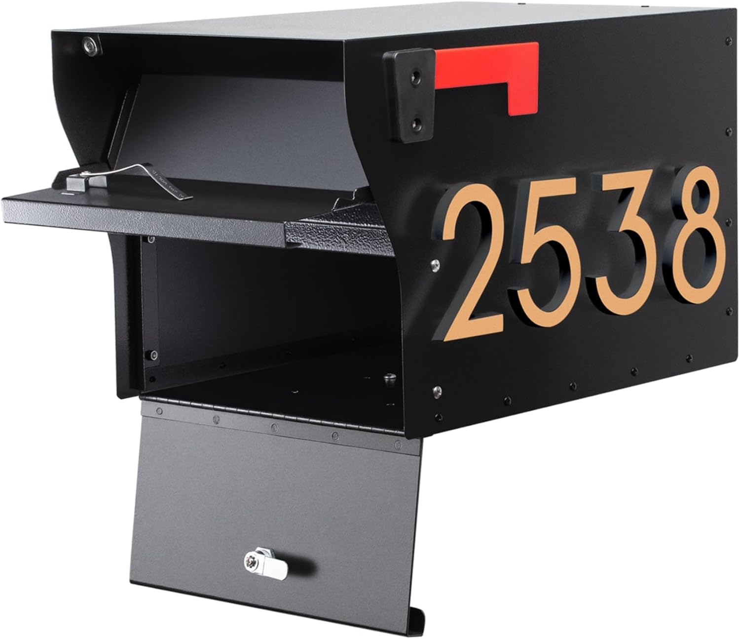 Whitehall MailVault Streetside Locking Mailbox, Personalize with Modern Stand-Off Address Numbers Package – Steel, Secure Weather Resistant Modern Square Mailbox (Black/Gold)