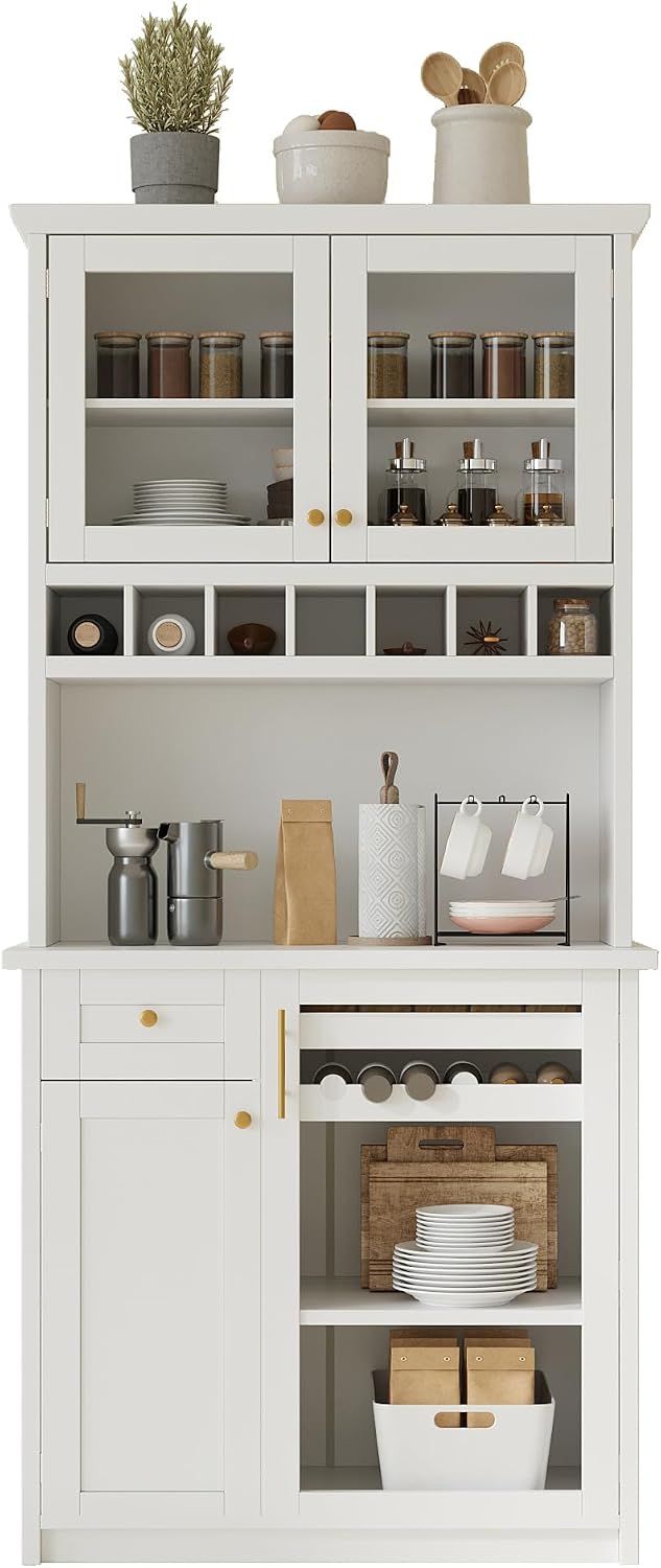 Modern 74.8 inch Tall Kitchen Pantry, Freestanding Buffet with Hutch, Kitchen Pantry Storage Cabinet with Wine Rack and Adjustable Shelves for Dining Room (White//1)
