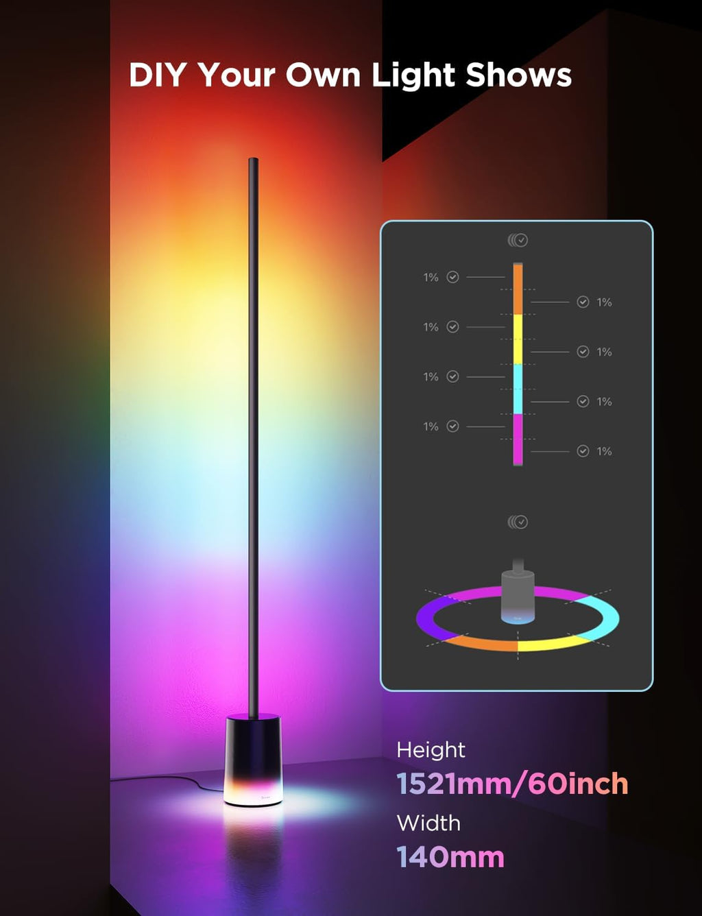 Govee Floor Lamp 2, RGBIC, Warm Cool White LED, Compatible with SmartThings, Matter, Alexa, 1725lm, Music Sync, Scene Modes, Smart Floor Lamp for Living Room, Bedroom, Black(1 Pack)