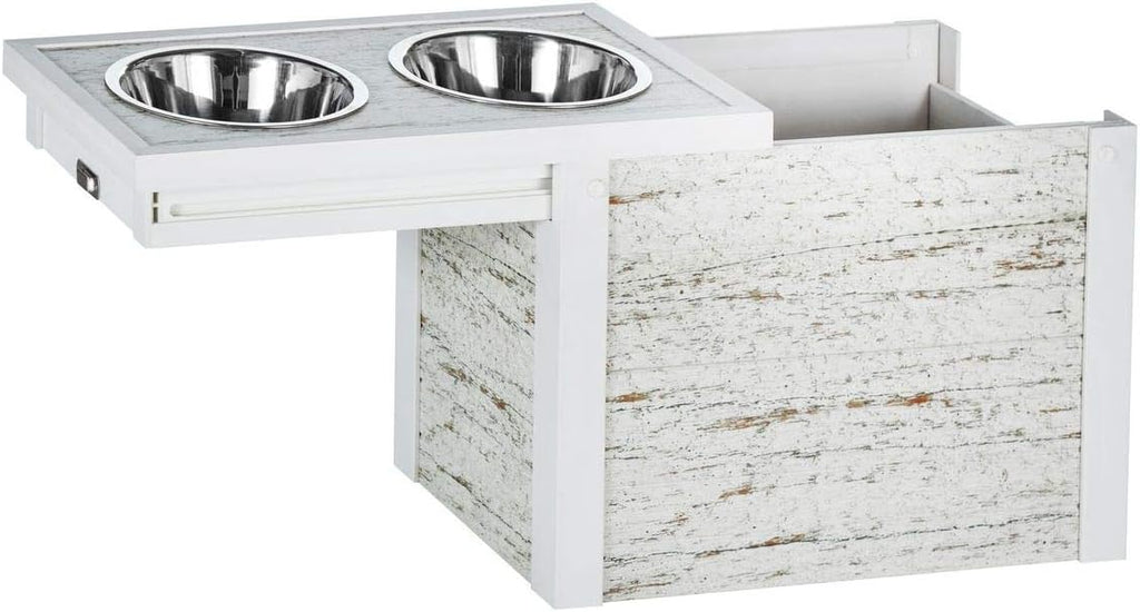 New Age Pet ECOFLEX Piedmont 2-Bowl Diner with Sliding Lid Storage Bin, Distressed Off White (EHHF307XL)