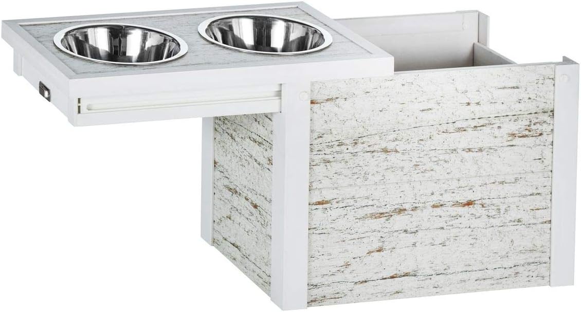 New Age Pet ECOFLEX Piedmont 2-Bowl Diner with Sliding Lid Storage Bin, Distressed Off White (EHHF307XL)