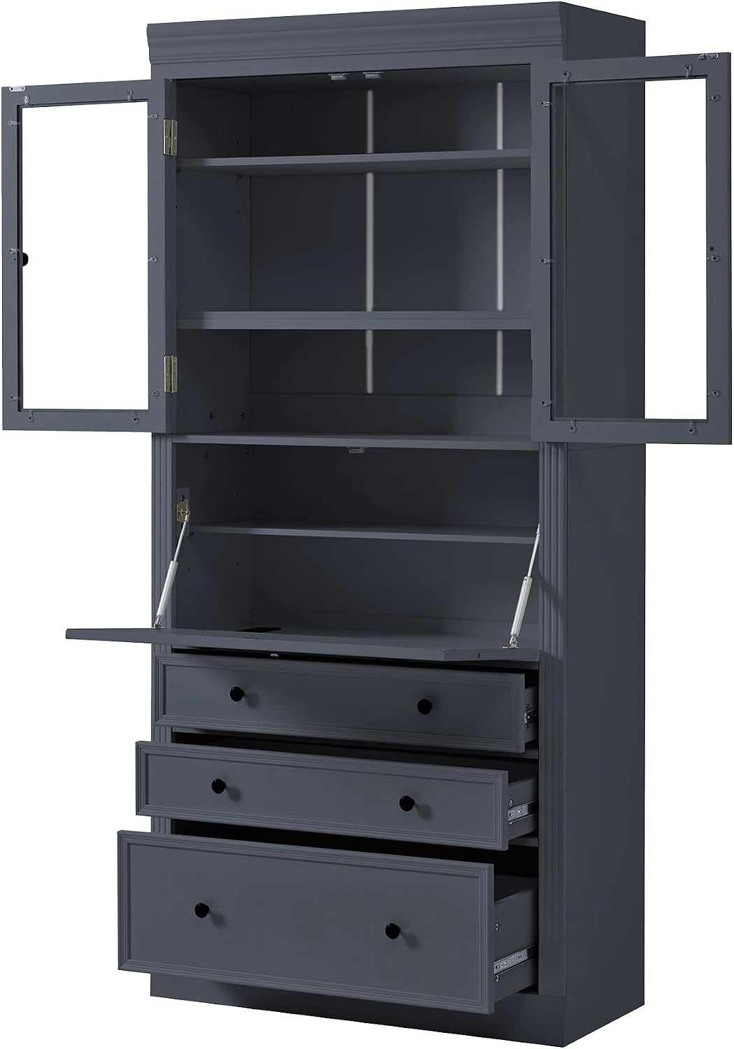 78 inch Tall Kitchen Pantry Cabinet with 3 Drawers and Adjustable Shelves, Wood Storage Cabinet with Drop-Down Surface and Glass Doors for Dining Room and Living Room (Grey//3)