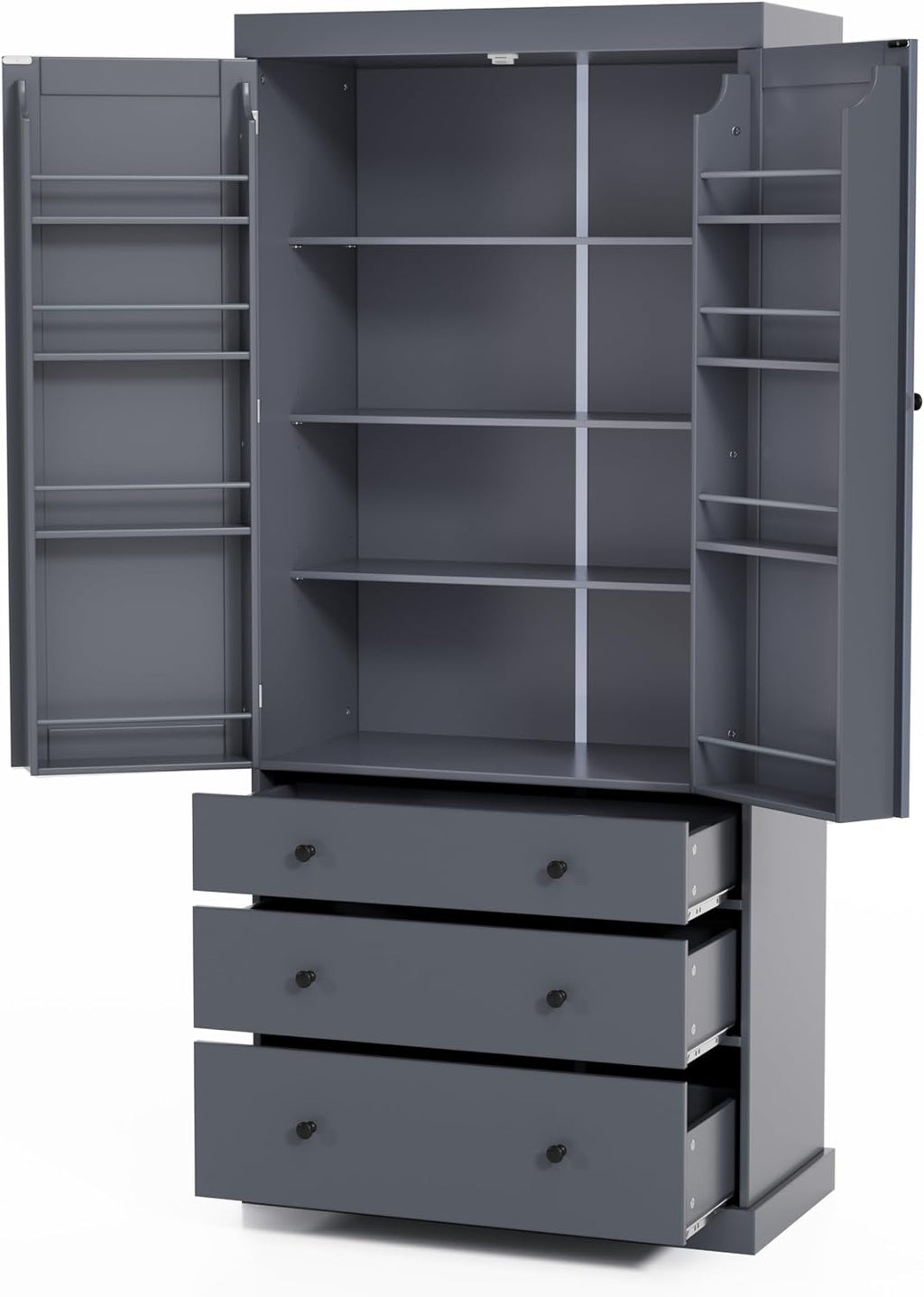 77inch Farmhouse Kitchen Pantry, Wood Storage Cabinet with 3 Adjustable Shelves, Freestanding Tall Cupboard Storage Cabinet with 8 Door Shelves and 3 Drawers for Kitchen, Dining Room (Gray-1)