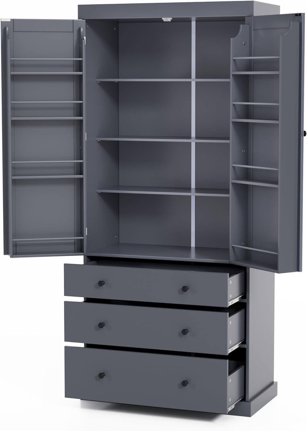 77inch Farmhouse Kitchen Pantry, Wood Storage Cabinet with 3 Adjustable Shelves, Freestanding Tall Cupboard Storage Cabinet with 8 Door Shelves and 3 Drawers for Kitchen, Dining Room (Gray-1)