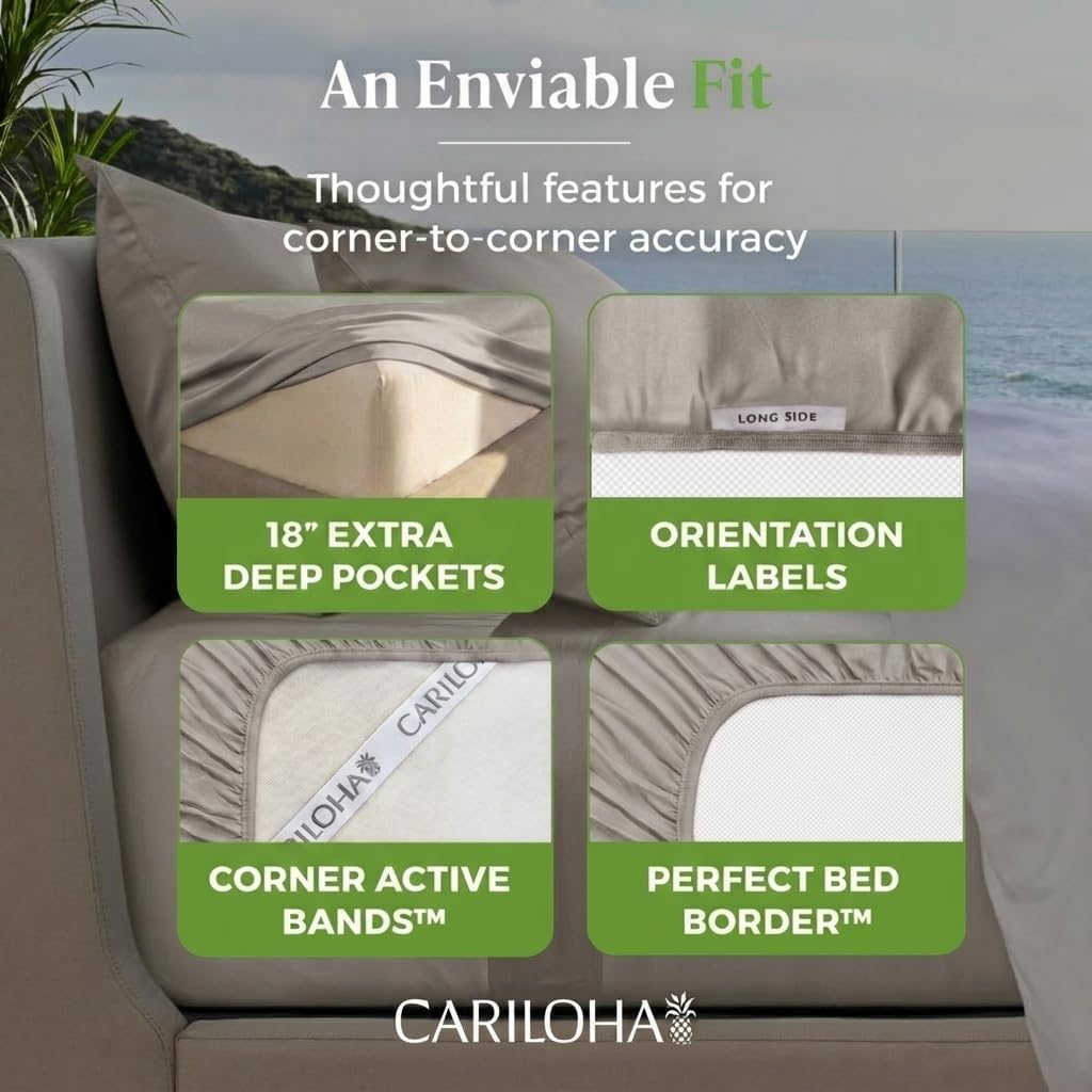 Cariloha Resort 4-Piece Sateen Sheet Set | Harbor Gray | Queen | Viscose Material | Allergy Resistant, Naturally Thermal-Regulating, Extra Soft Cooling Sheets for Hot Sleepers