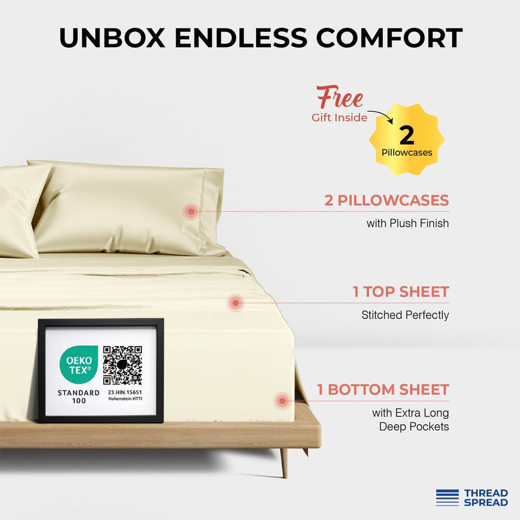 THREAD SPREAD 100% Egyptian Cotton Queen Sheets Set - 1200 Series Plush Collection Luxury Egyptian Cotton Sheets Queen Size Deep Pocket (4 PC, Ivory), Soft, Cooling, Sateen Weave Sheet Set