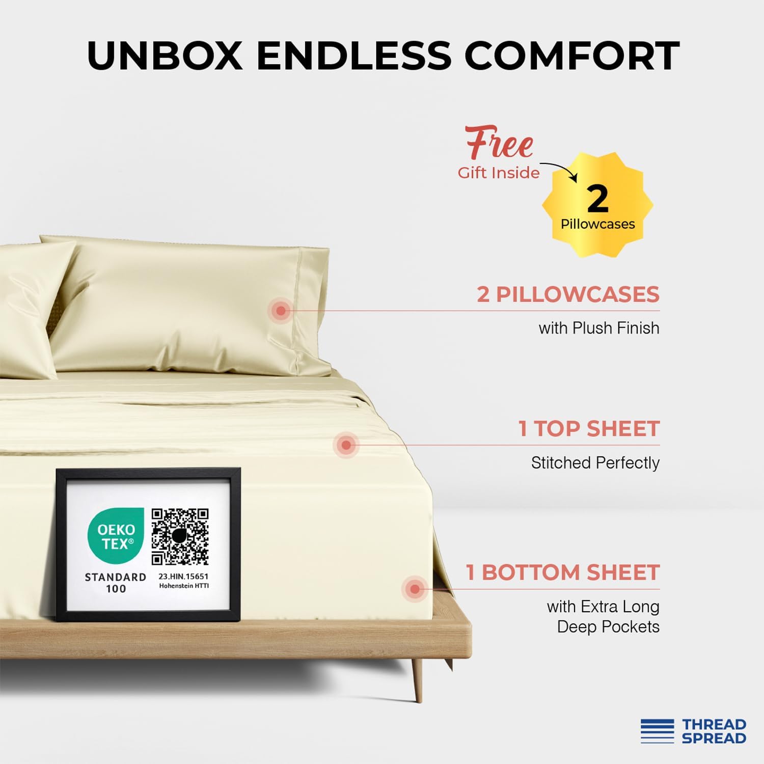THREAD SPREAD 100% Egyptian Cotton Queen Sheets Set - 1200 Series Plush Collection Luxury Egyptian Cotton Sheets Queen Size Deep Pocket (4 PC, Ivory), Soft, Cooling, Sateen Weave Sheet Set