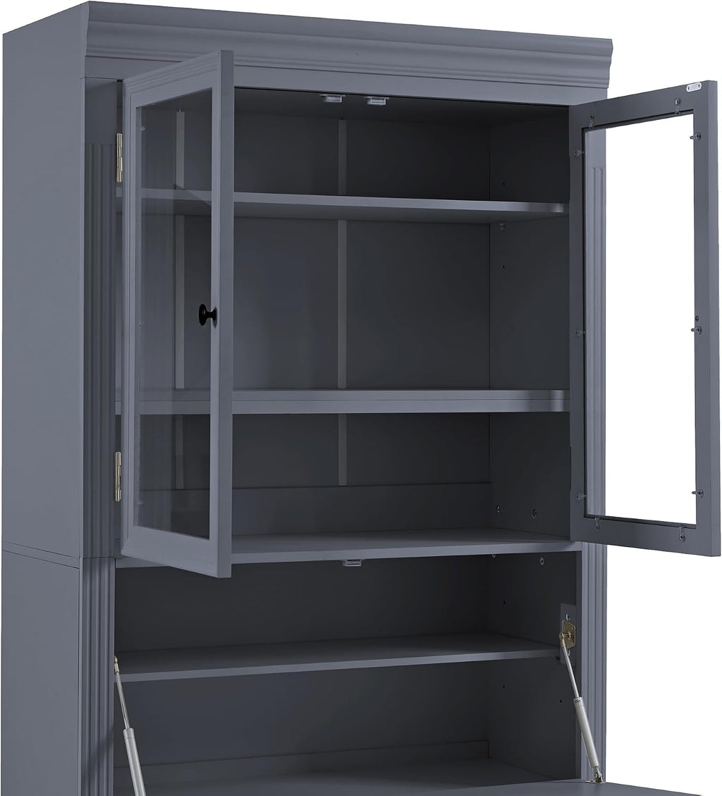 78 inch Tall Kitchen Pantry Cabinet with 3 Drawers and Adjustable Shelves, Wood Storage Cabinet with Drop-Down Surface and Glass Doors for Dining Room and Living Room (Grey//3)