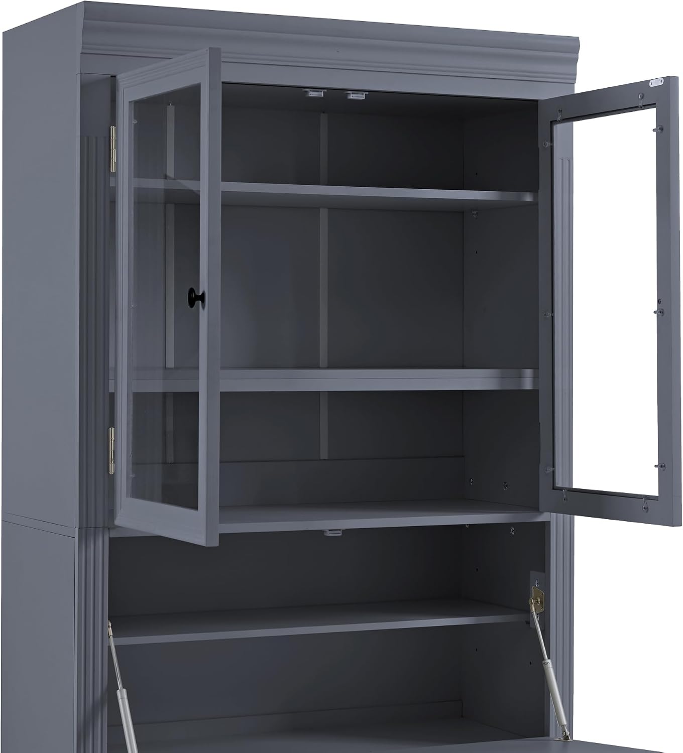 78 inch Tall Kitchen Pantry Cabinet with 3 Drawers and Adjustable Shelves, Wood Storage Cabinet with Drop-Down Surface and Glass Doors for Dining Room and Living Room (Grey//3)