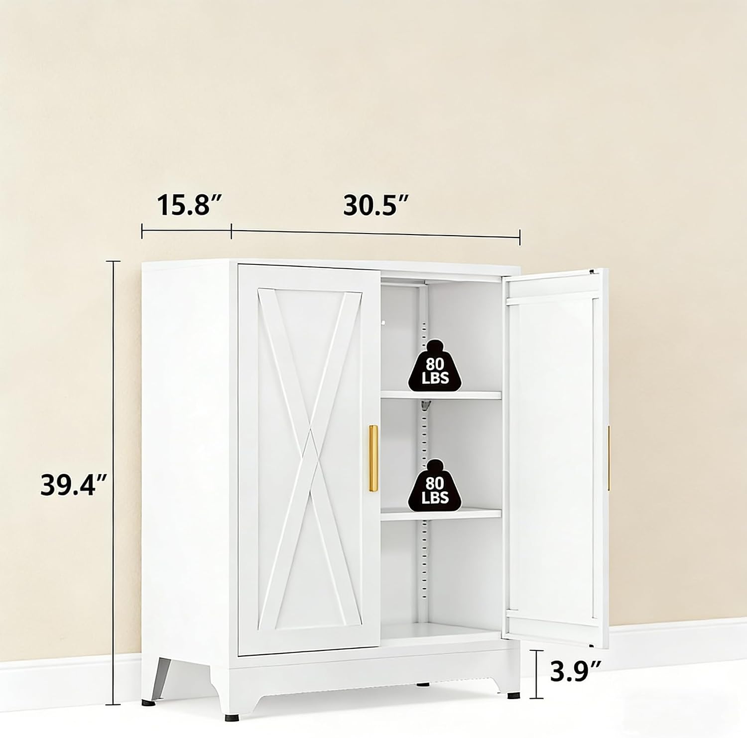 Metal Locker Cabinet, White Farmhouse Storage Cabinets with 2 Doors and Adjustable Shelves, 3 Tier Modern Storage Freestanding Sideboard for Living Room,School,Office Home Kitchen