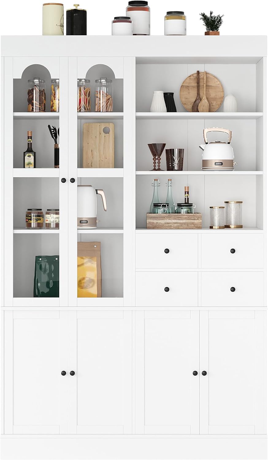 Modern 75inch Tall Kitchen Pantry Storage Cabinet with 4 Drawers, Freestanding Buffet Cabinet with Door Shelves and Pull-Out Trays for Dining Room, Living Room (White/32r)