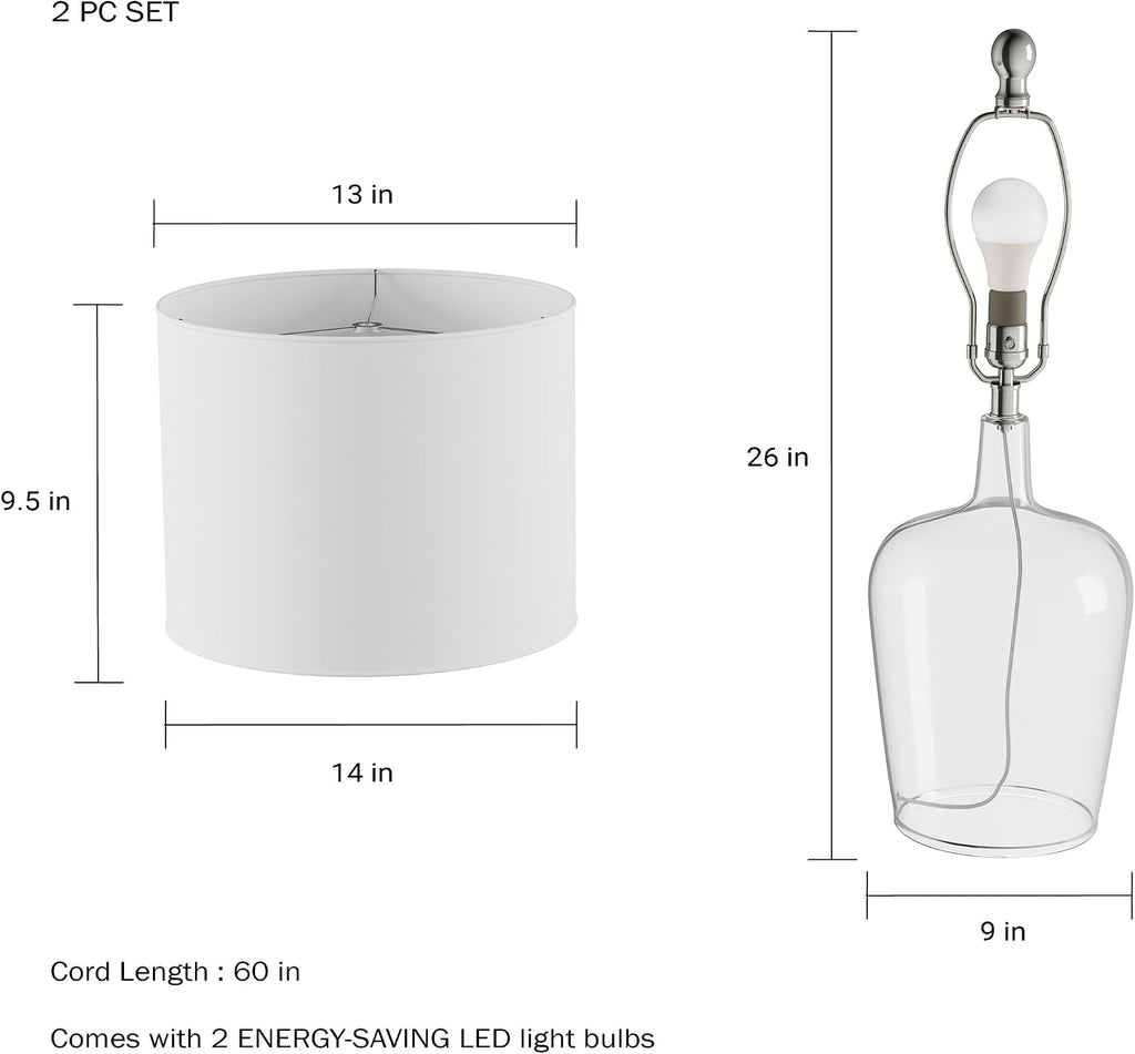 Glass Cloche Table Lamps – Set of 2 Modern Farmhouse Accent Lights with LED Bulbs – Home Décor for Bedroom, Living Room, or Office by Lavish Home