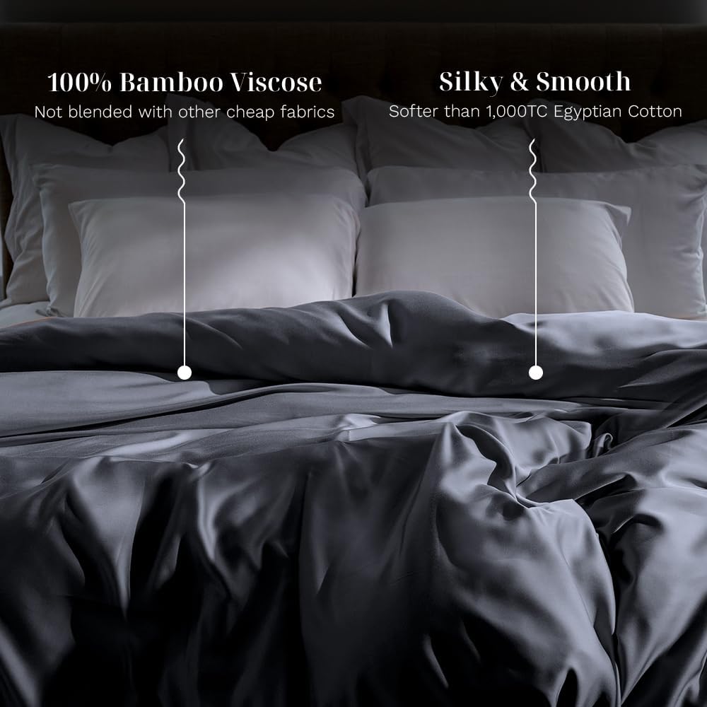 LUXOME Luxury Duvet Cover | Oversized Fit | 100% Viscose from Bamboo | Silky Soft Feel | Thermal-Regulating | 2X Cover Ties | Full/Queen - 90'x98' | Charcoal